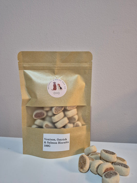 Venison, Ostrich and Salmon biscuits 100g